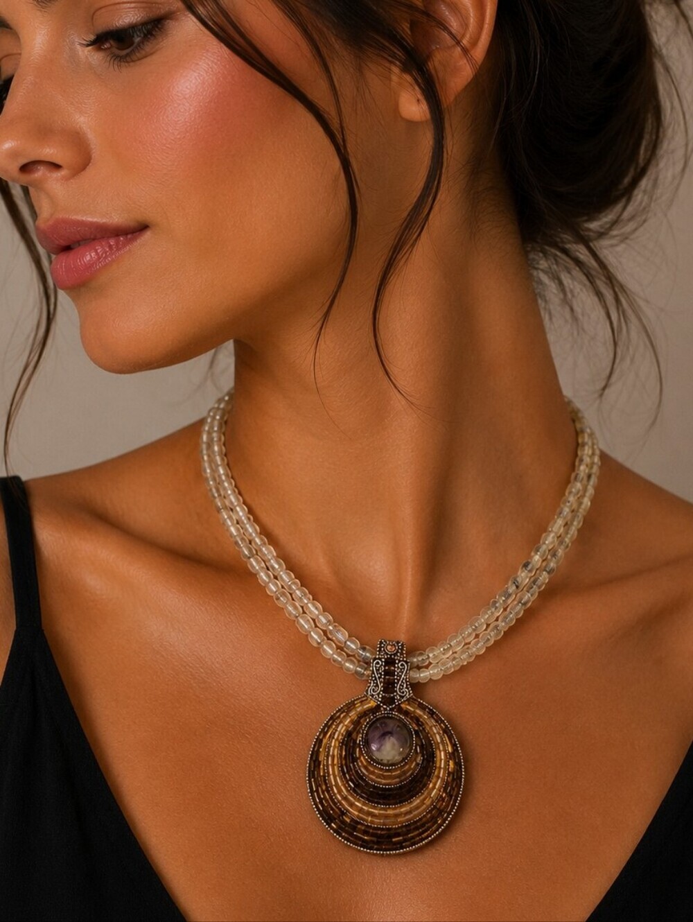Vtg BEST 1980s Glass Beaded Round Pendant Witchy Necklace